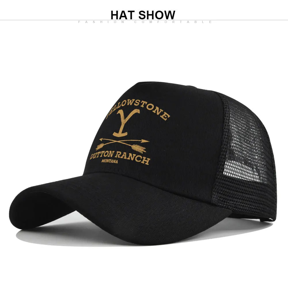 Black embroidered baseball cap featuring a gold Y and Dutton Ranch text on the front