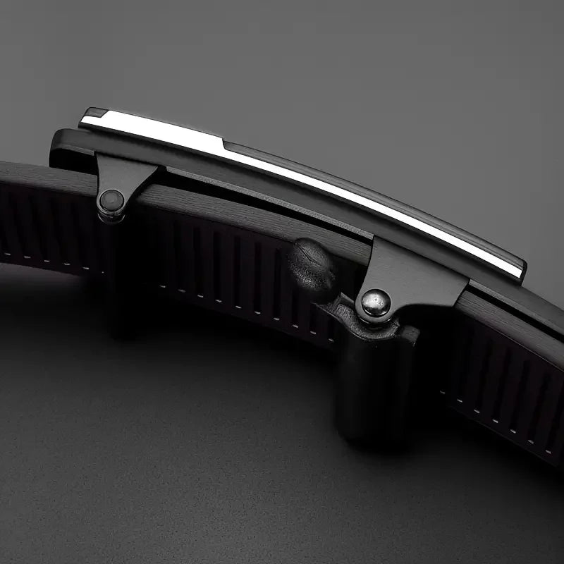 A close-up view of a black PU leather fashion belt with a silver buckle and dark brown leather strap.