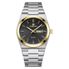 A silver and gold luxury men's waterproof quartz wristwatch with a textured black dial and stainless steel bracelet.