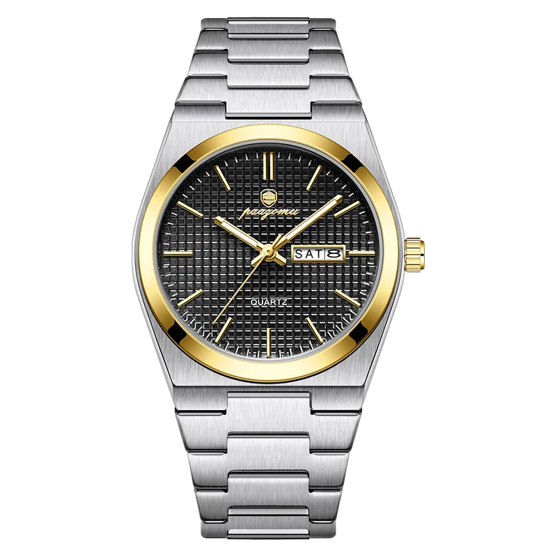 A silver and gold luxury men's waterproof quartz wristwatch with a textured black dial and stainless steel bracelet.
