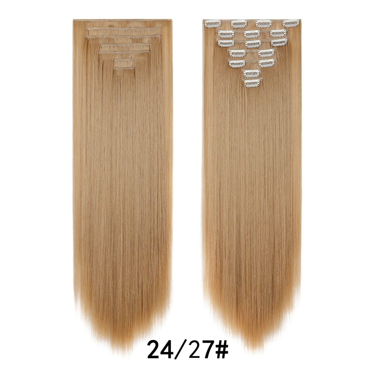 A pair of straight, light blonde hair extensions shown side by side with clip-in attachments.