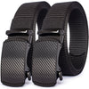 Black tactical canvas utility belt with black buckle and woven texture