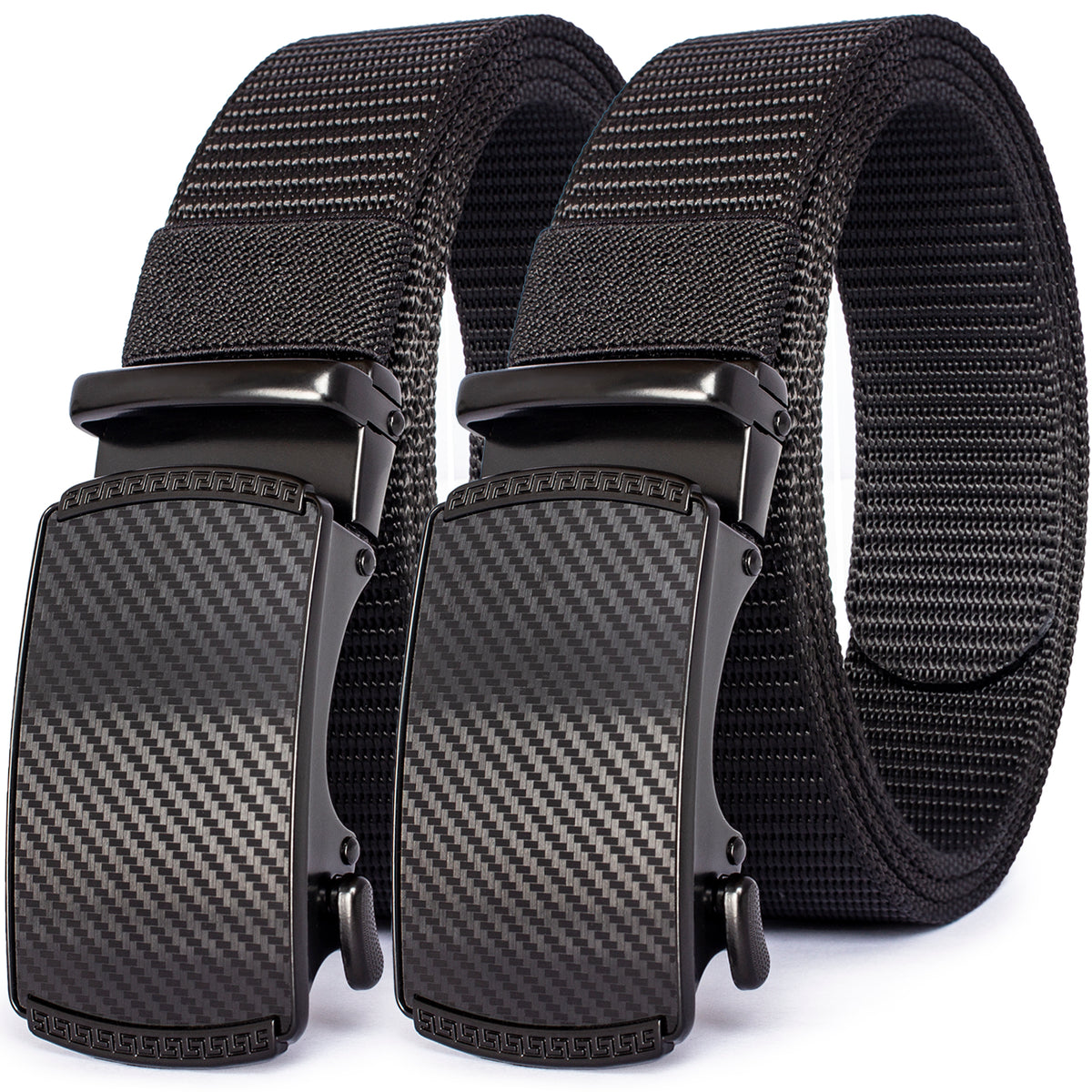 Black tactical canvas utility belt with black buckle and woven texture
