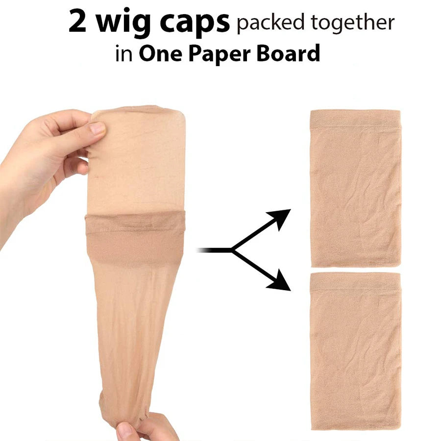 Two beige stretch mesh wig caps are packed together in one paper board.