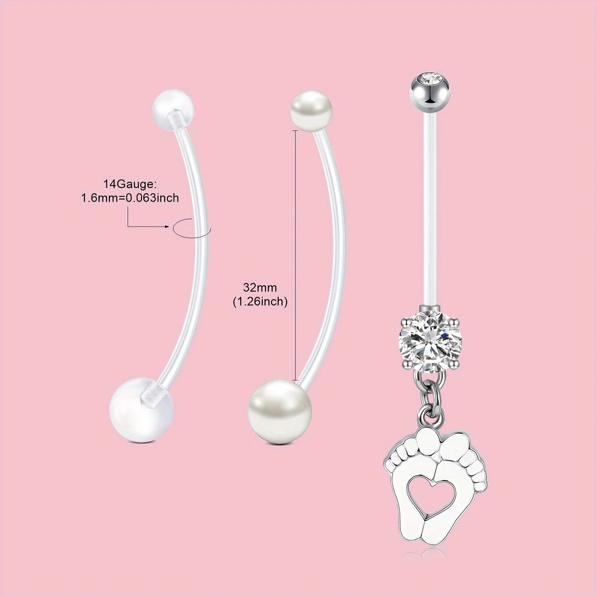 A set of silver belly button rings featuring a 14 gauge chain and pearl-like beads.