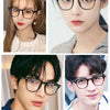 A collage of four models wearing classic transparent anti-blue light eyeglasses.