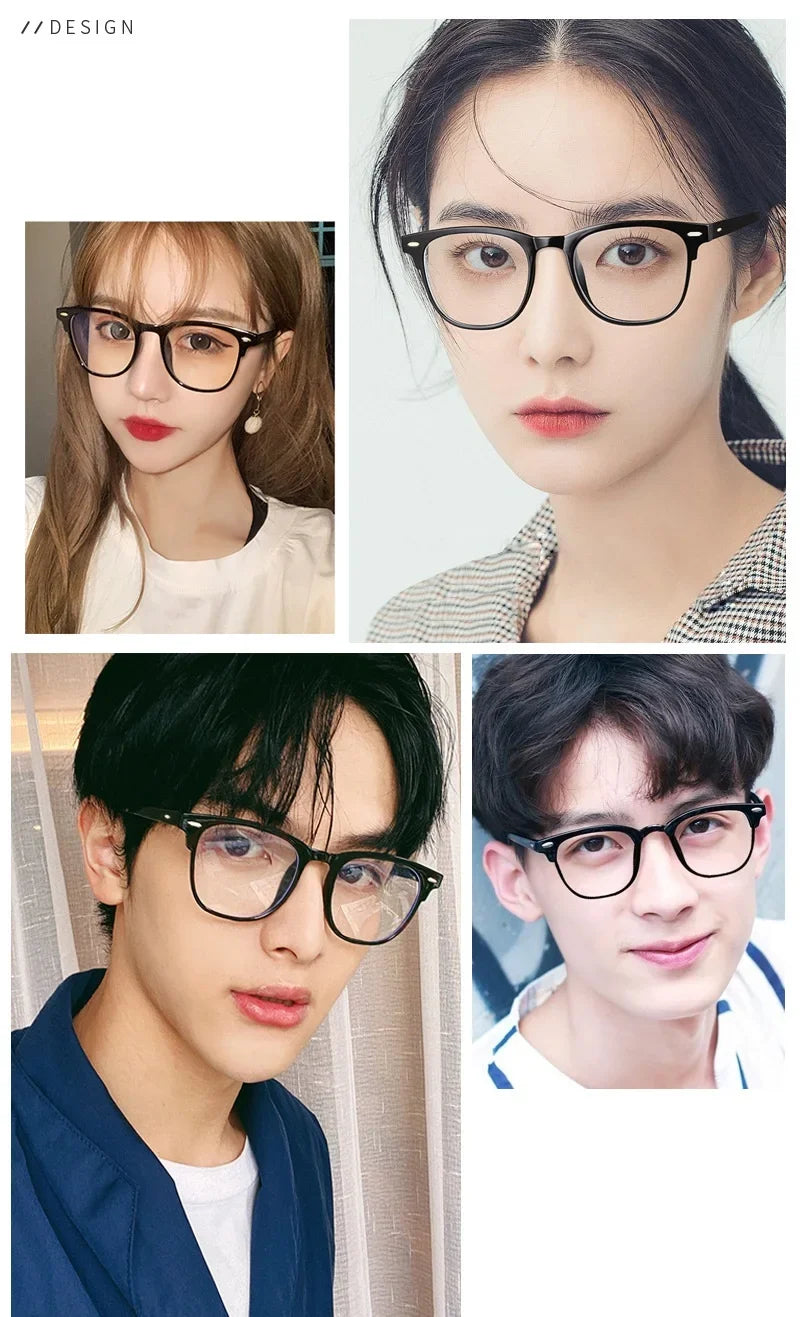 A collage of four models wearing classic transparent anti-blue light eyeglasses.