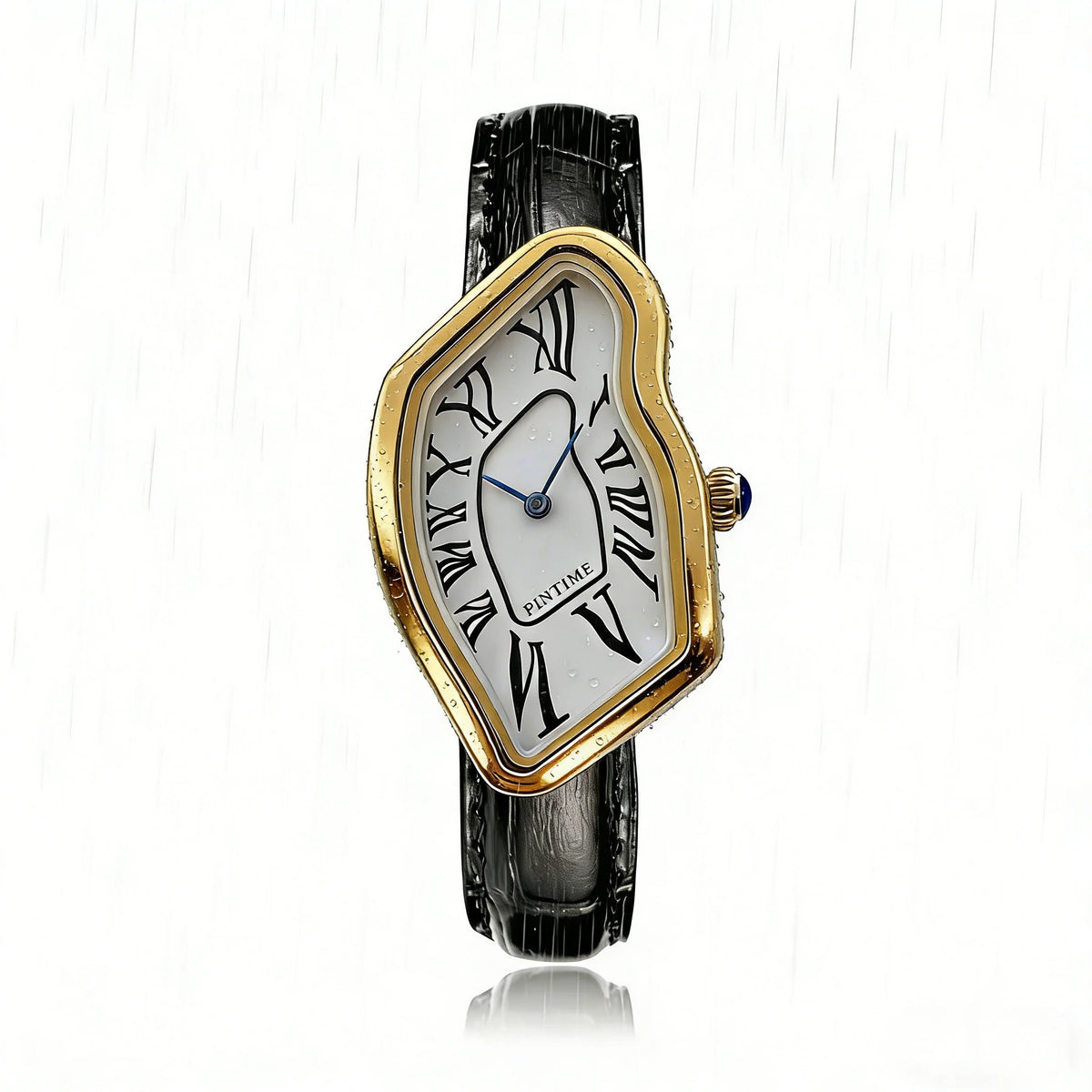 A vintage irregular quartz watch with a gold-toned bezel and black strap is shown against a white background.
