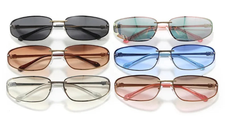 Eine Kollektion ovaler, frameless-Sonnenbrillen in verschiedenen Farben wie schwarz, grün, bronze, blau und klar.