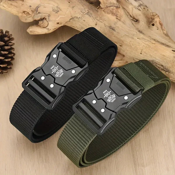 A black tactical adjustable waist belt is shown next to a piece of wood.