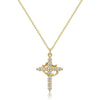 A gold-colored rotatable cross pendant necklace with small diamonds on a delicate chain.