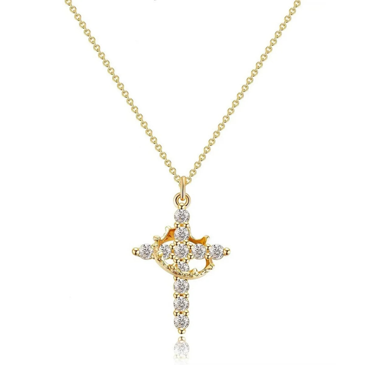 A gold-colored rotatable cross pendant necklace with small diamonds on a delicate chain.