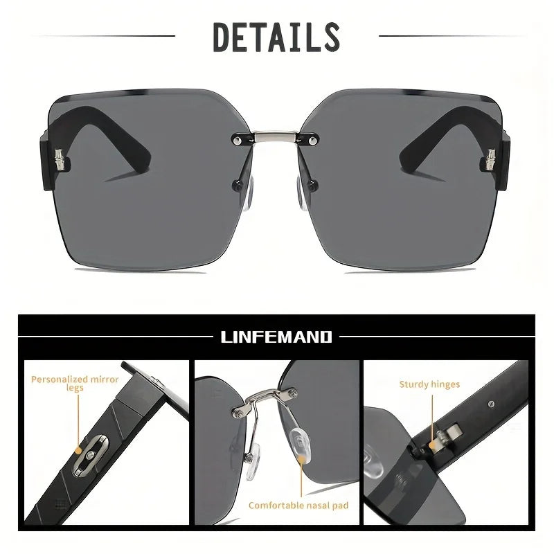 Une paire de grandes lunettes sans monture à dégradé avec des montures noires et des verres teintés, vue en détail.