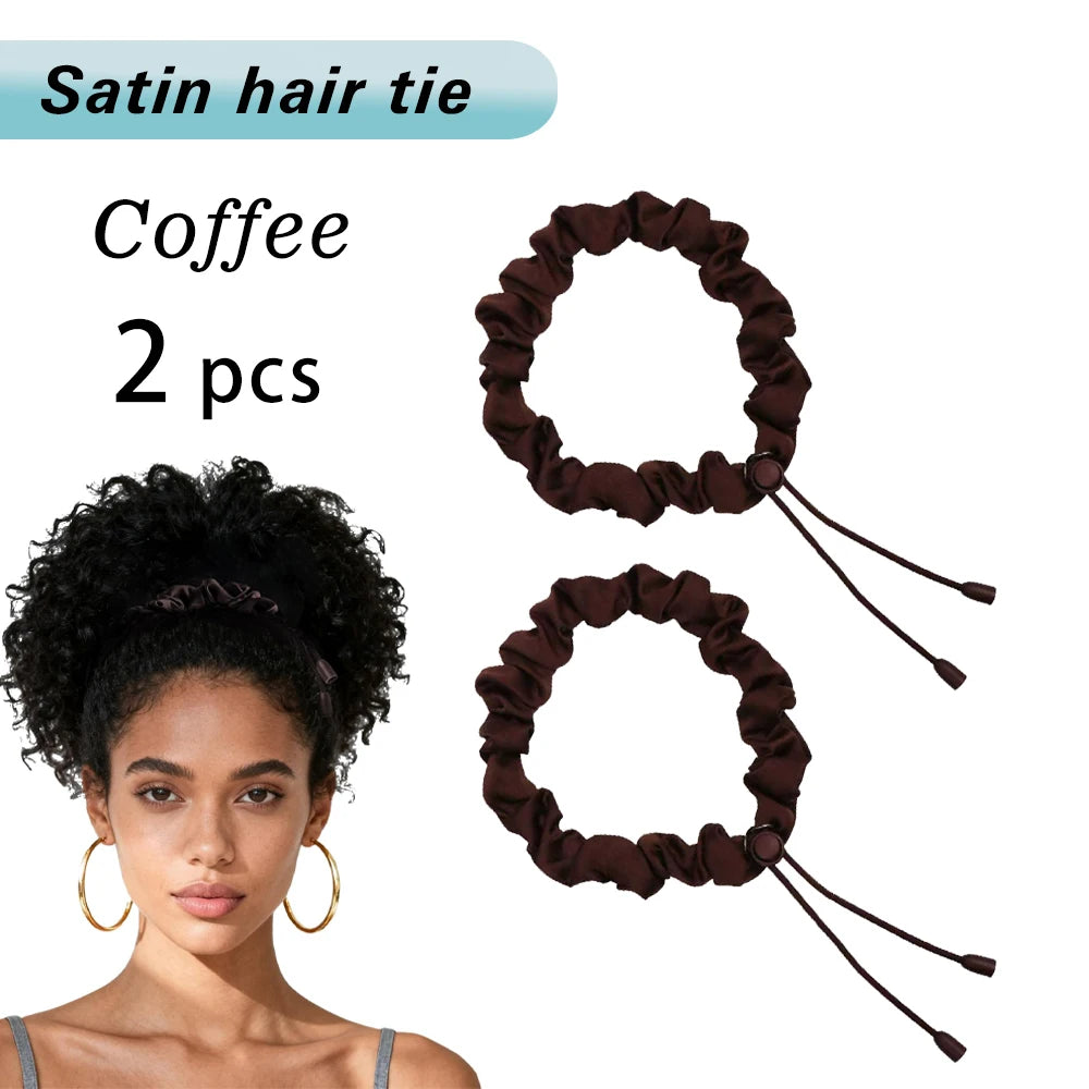 A pair of dark brown satin hair ties or scrunchies are shown next to a woman with curly hair.