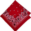 A red bandana scarf featuring white geometric and tribal patterns.