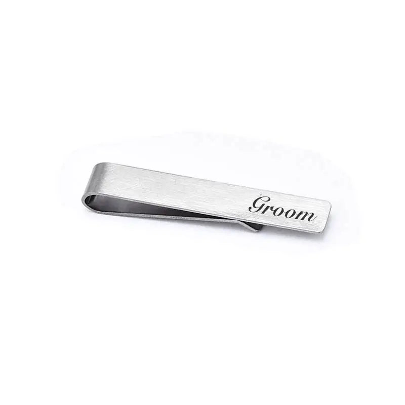 Brushed stainless steel men's tie clip engraved with the word Groom