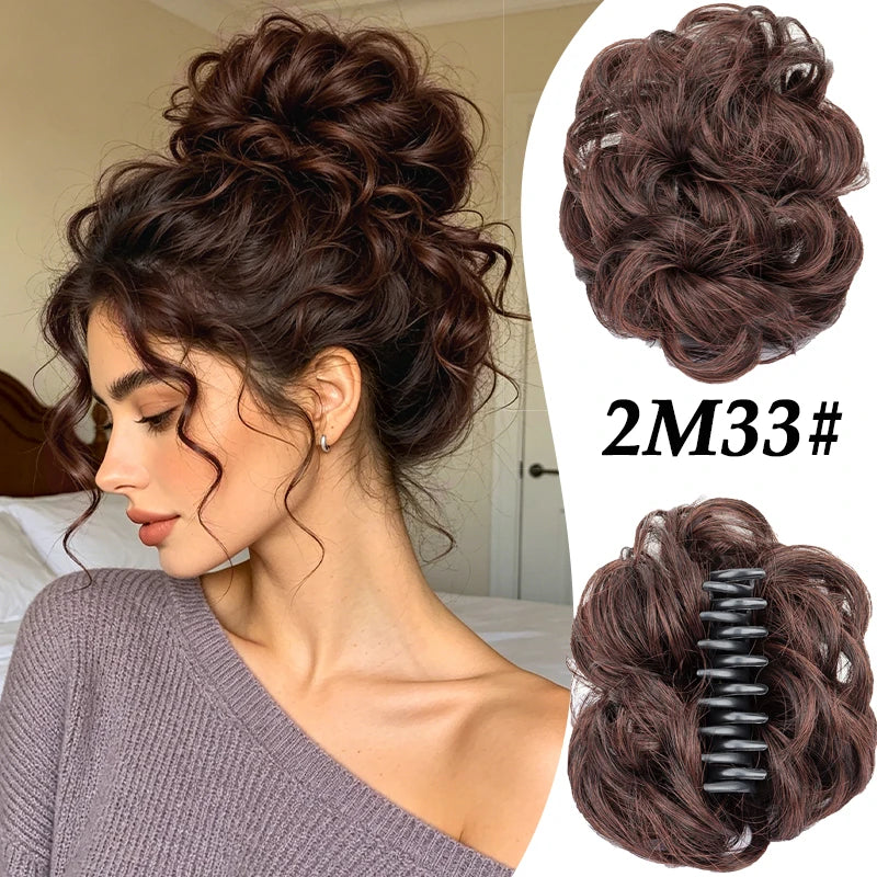 A woman shows off a voluminous curly messy bun hairstyle and a close-up of the hair accessory.