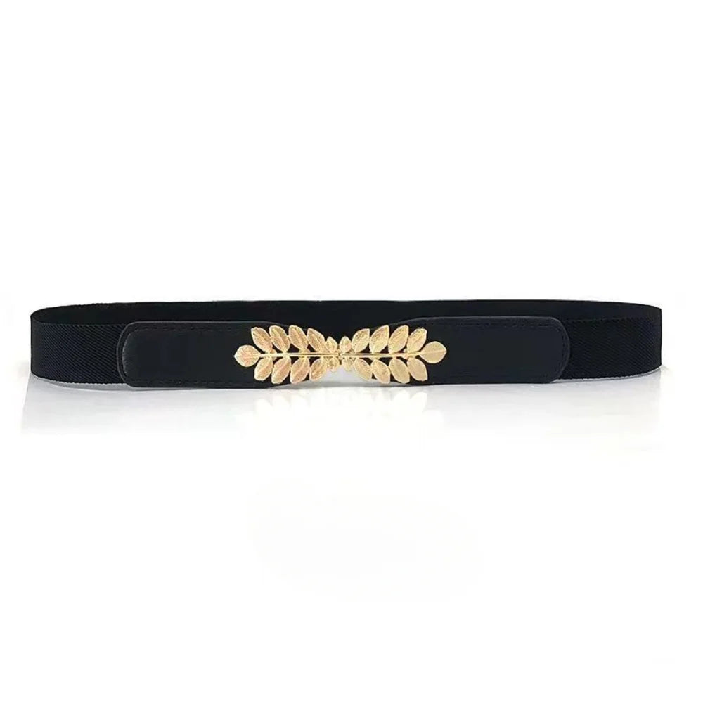Black stretchy elastic waistband cummerbund for women with gold leaf embellishment