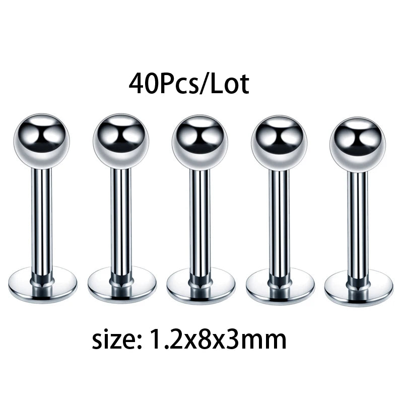 40 pieces of stainless steel labret lip rings with a size of 1.2x8x3mm