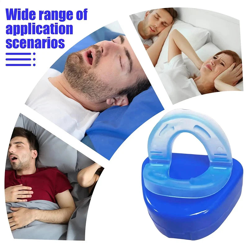 A blue double-layer dental brace is shown next to images demonstrating its use for anti-snoring relief.