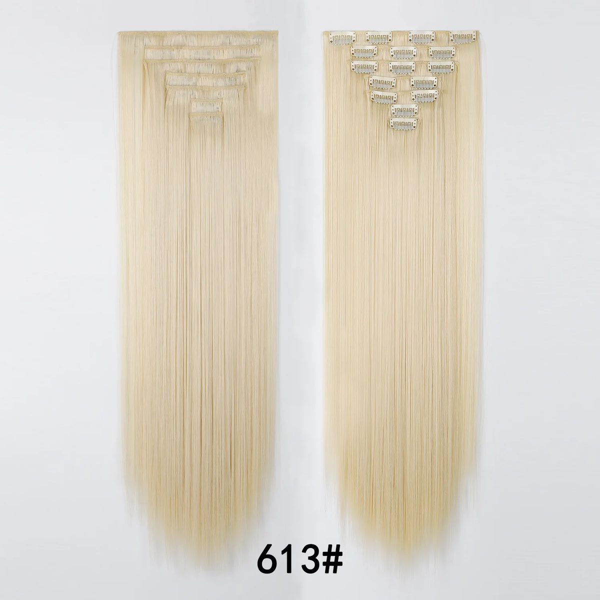 A pair of 24-inch clip-in hair extensions in a light blonde color displayed against a white background.