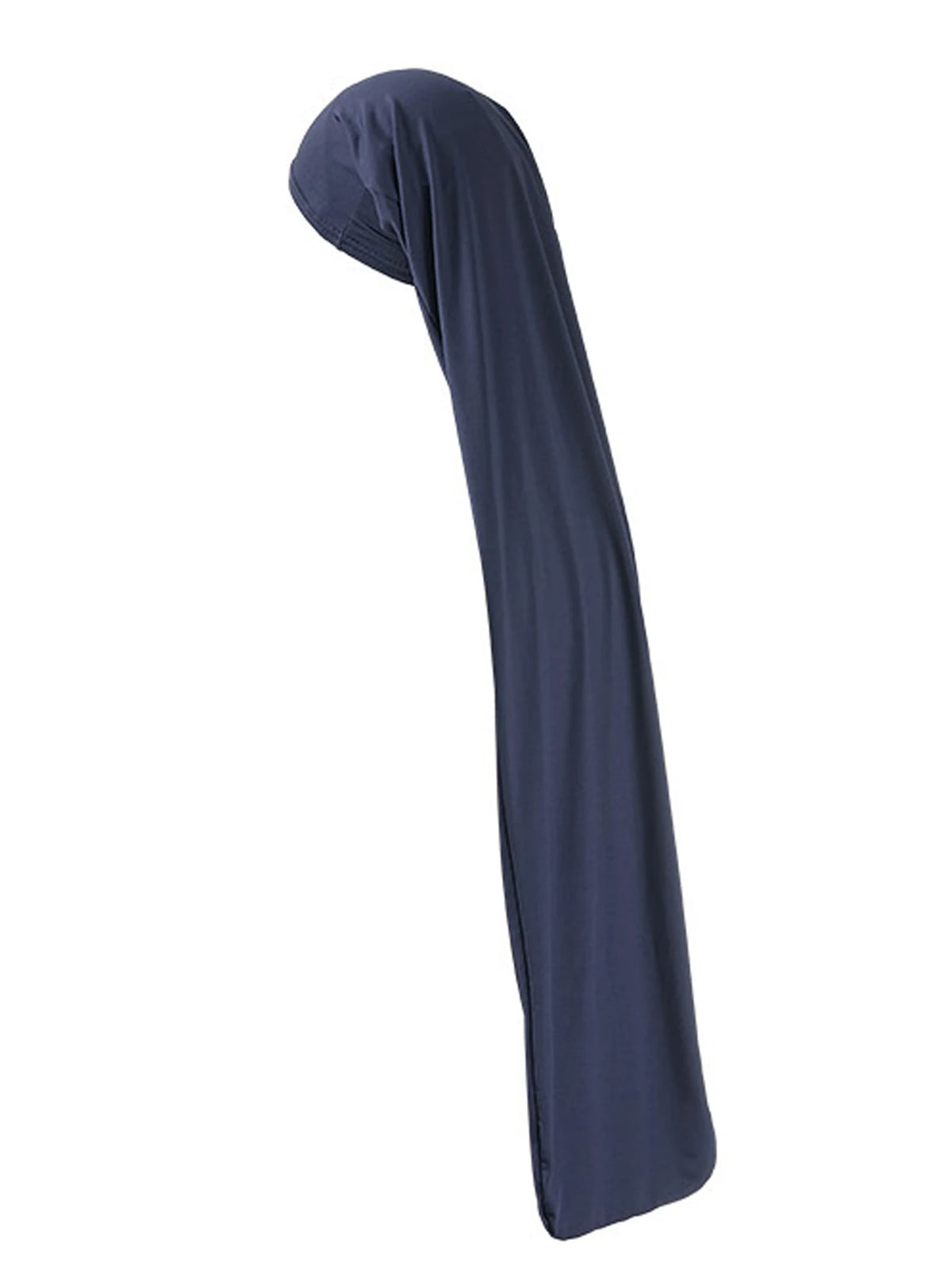 A dark blue soft knit hair wrap or cap for sleeping and protection.