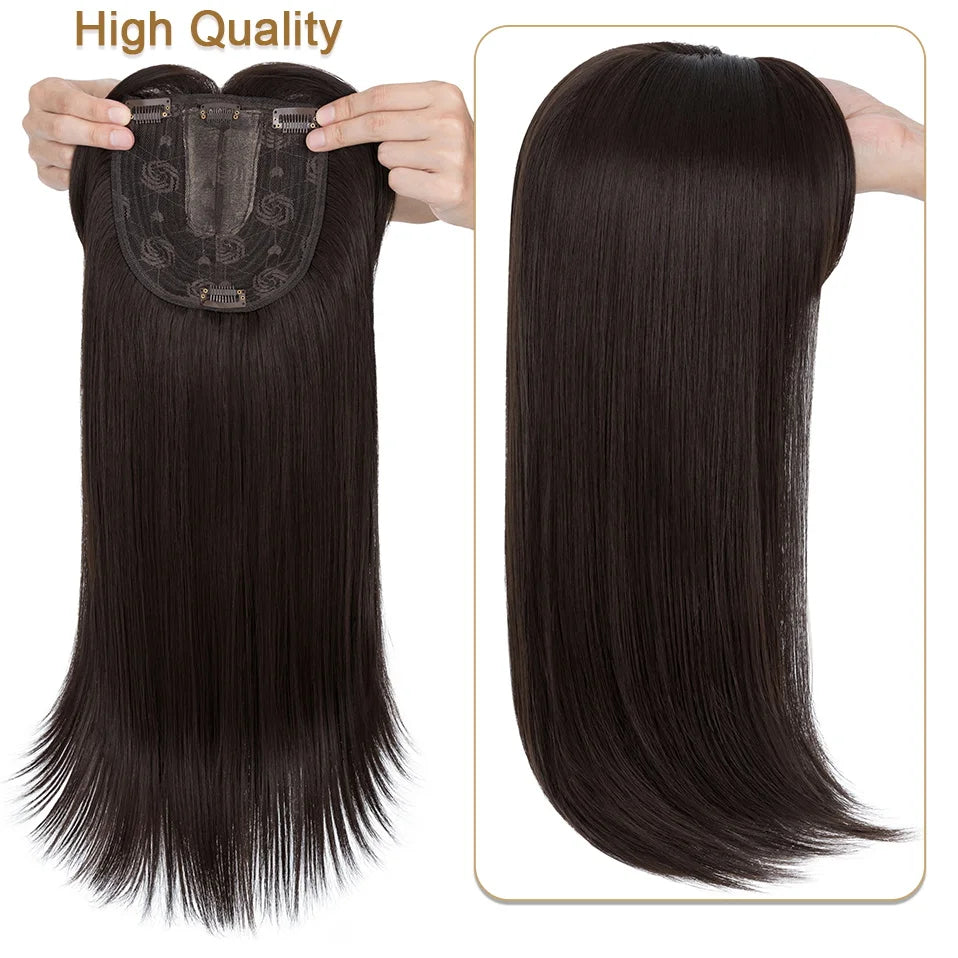 A bundle of long, straight, dark brown hair with a decorative topper is shown next to a smooth section of the same hair.
