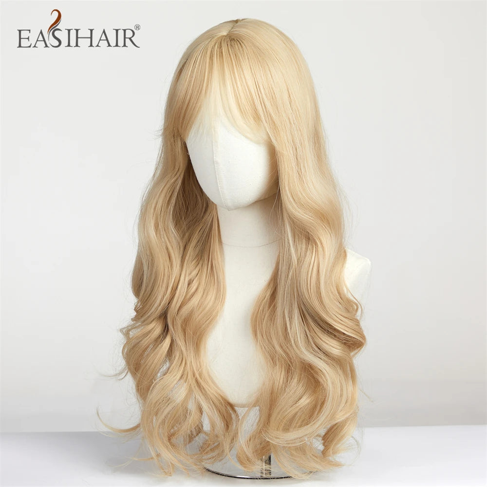 Sandy blonde golden wavy cosplay wig with long bangs displayed on a mannequin head