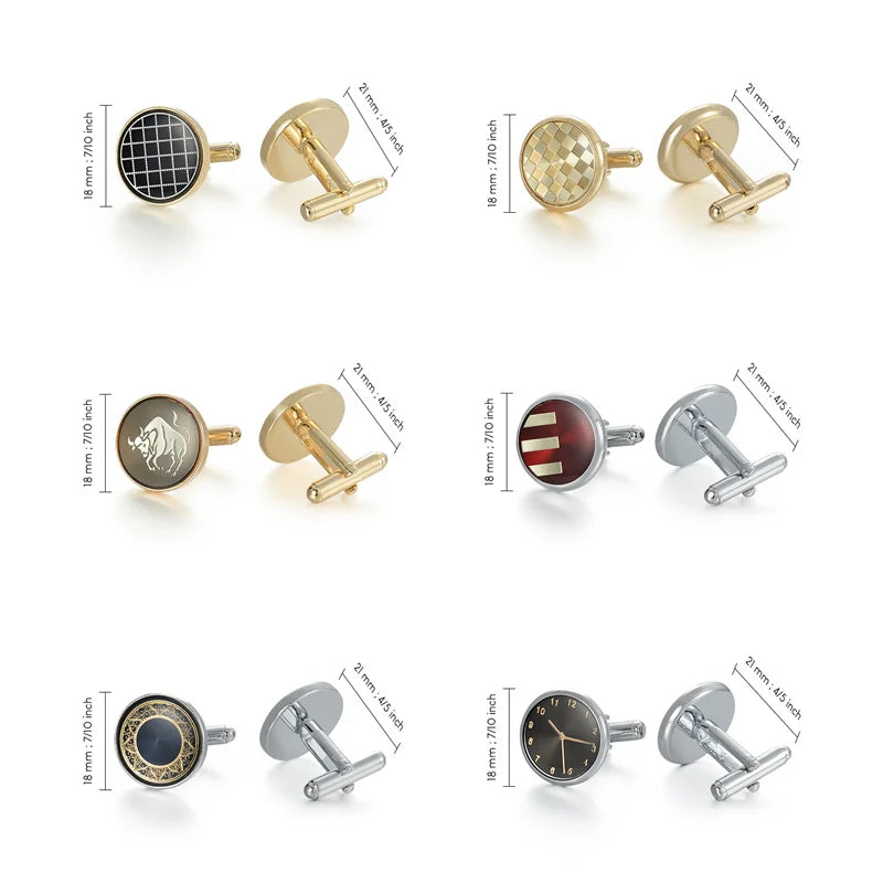A set of elegant copper cufflinks for men shown in various styles and finishes.