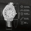 A silver rhinestone watch with a round face and a diamond-encrusted bezel, shown with detailed measurements.