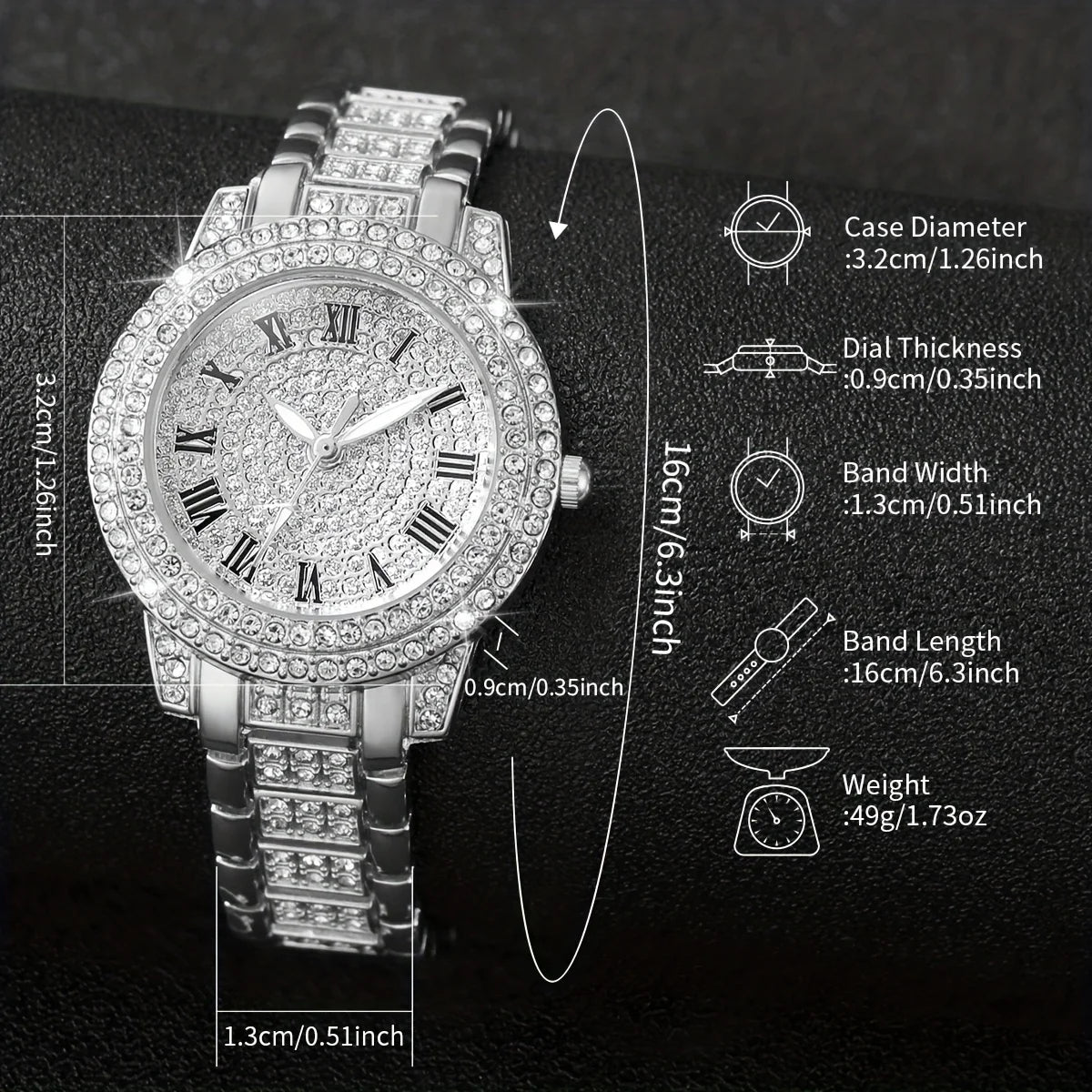 A silver rhinestone watch with a round face and a diamond-encrusted bezel, shown with detailed measurements.