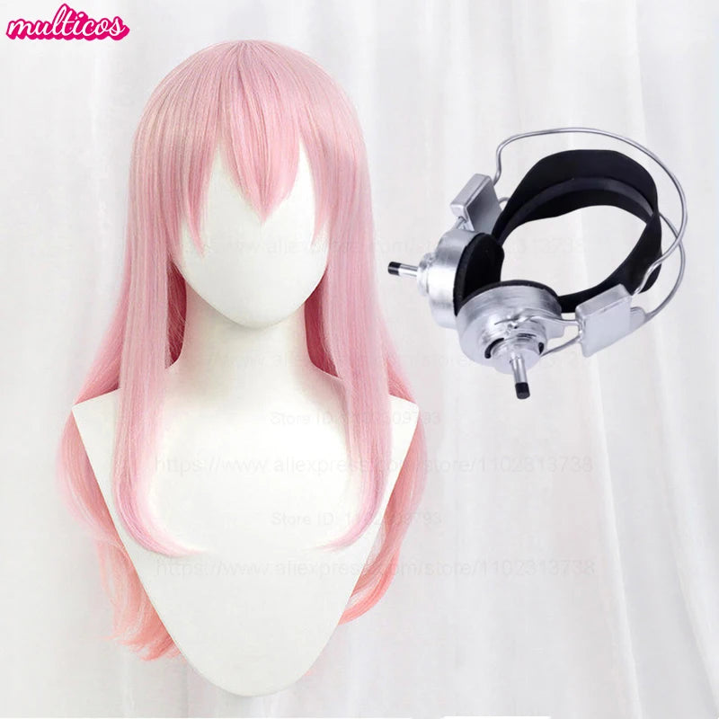 A long pink ombre cosplay wig displayed on a mannequin next to a silver and black headpiece.