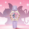 A purple strap watch featuring a colorful dial design of Stitch against a pink background.
