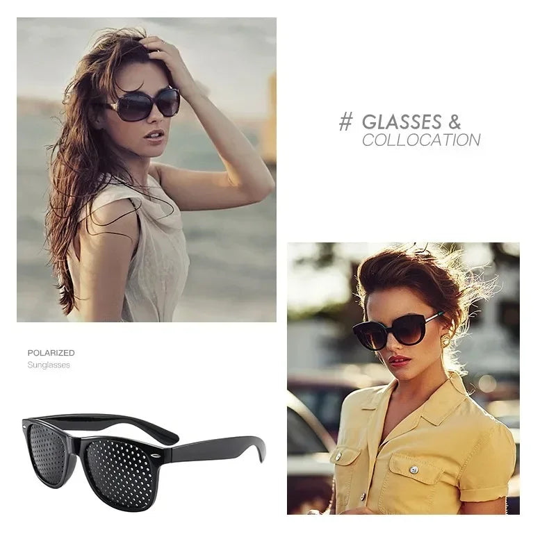 A woman models black polarized sunglasses and a yellow shirt outdoors.