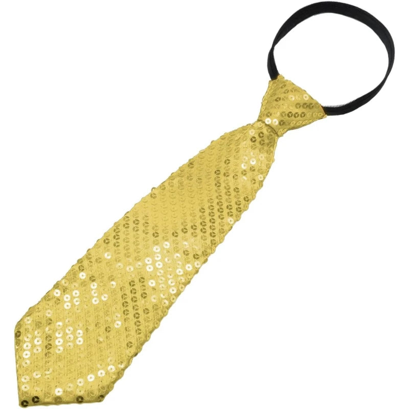 A gold sequin tie with a black neck strap, suitable for parties and events.