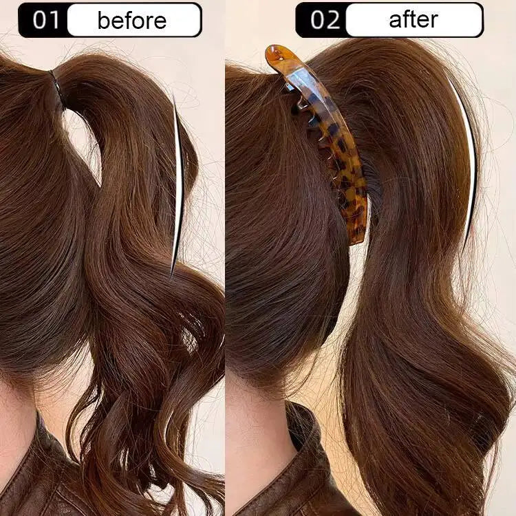 Vorher-Nachher-Vergleich von einer Schildpattel-Banane Haarklammer und einem Haarspanner auf dunkelbraunes Haar