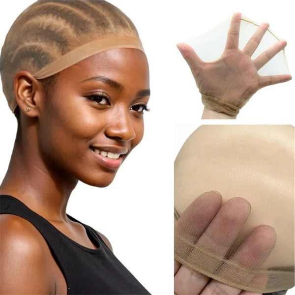 A woman modeling ultra thin invisible wig caps for natural hair on her head and hands.