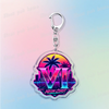 Silver pendant keychain featuring a neon tropical palm tree design with the Roman numeral VI and the text NEON COAST.