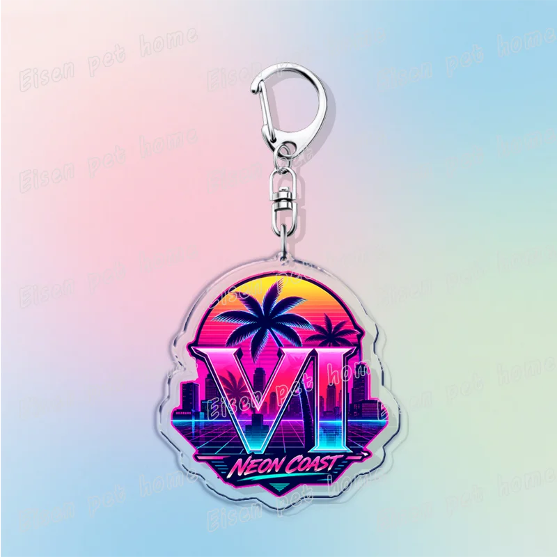 Silver pendant keychain featuring a neon tropical palm tree design with the Roman numeral VI and the text NEON COAST.