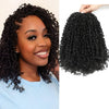 A woman models long, black, curly crochet hair extensions against a white background.