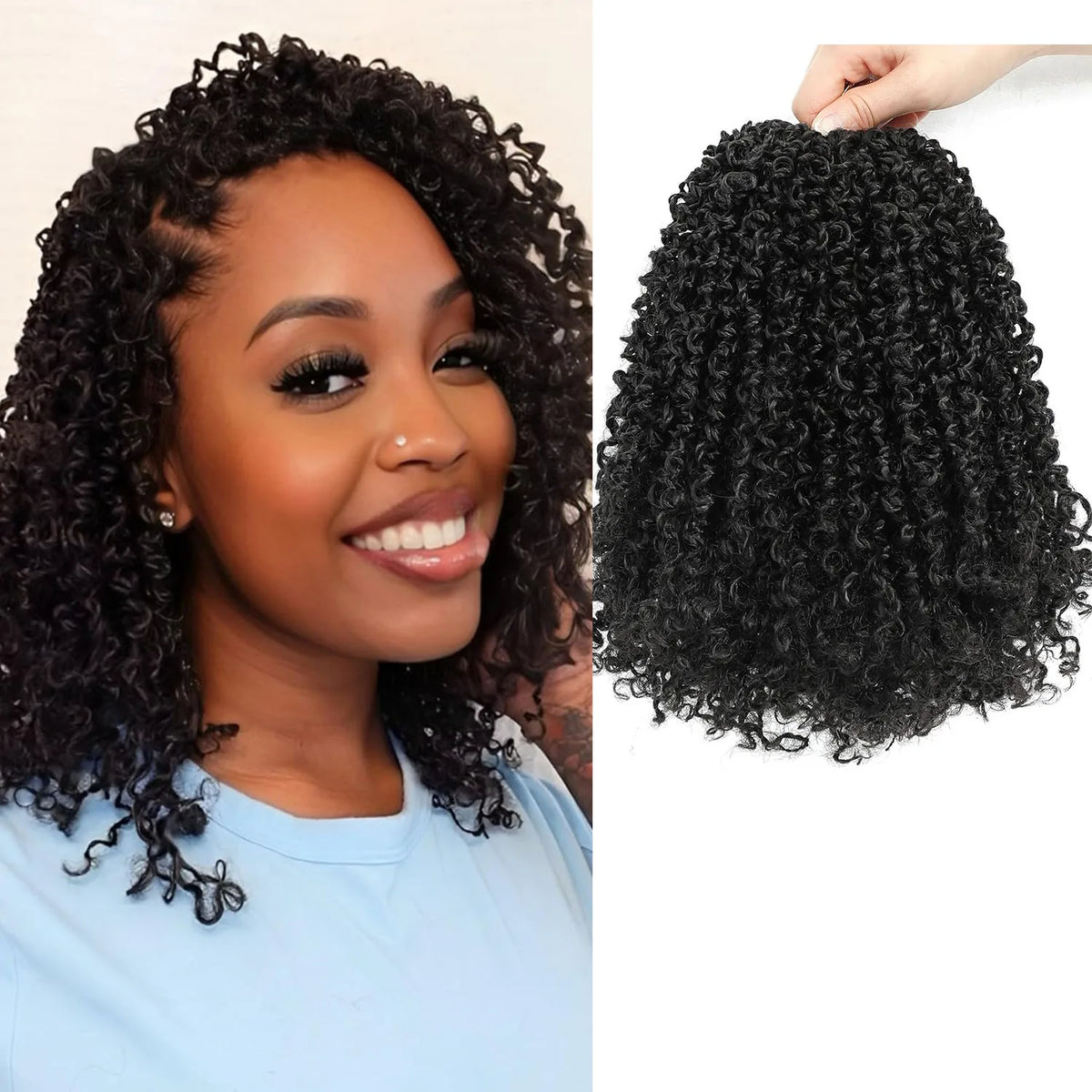 A woman models long, black, curly crochet hair extensions against a white background.