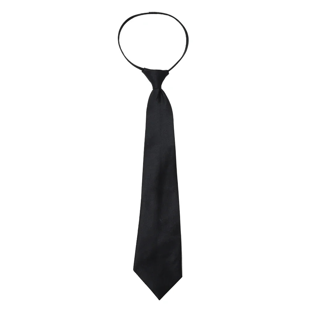 A black clip-on security tie with a thin necktie style collar.