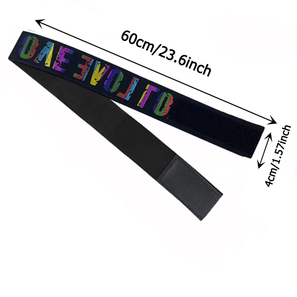 Black adjustable lace headband with colorful lettering spelling DAEVOJTQ