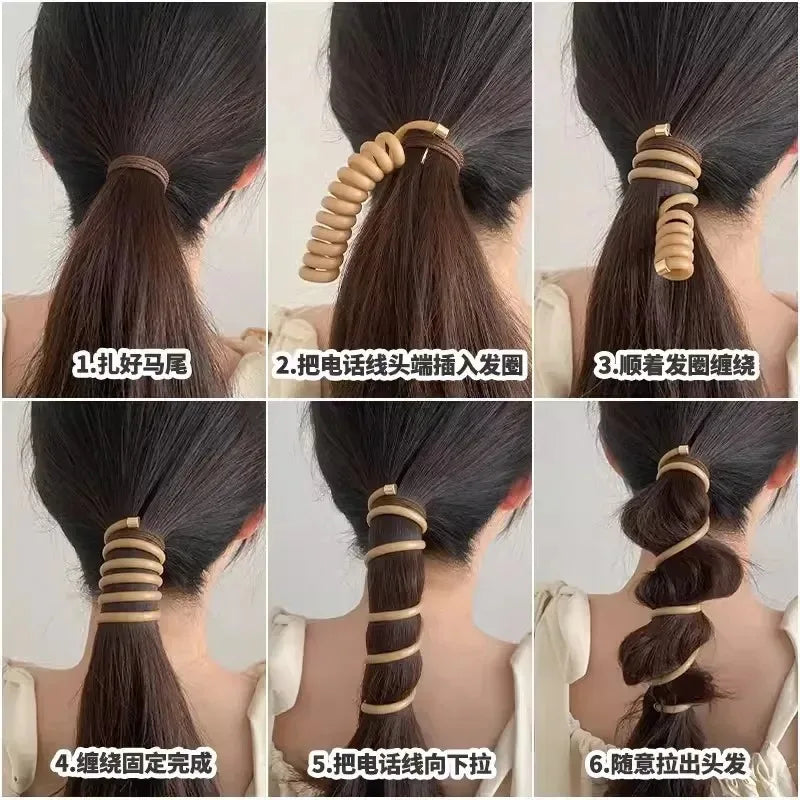 A set of rubber braided ponytail holders and scrunchies shown in various styles and applications on dark hair.