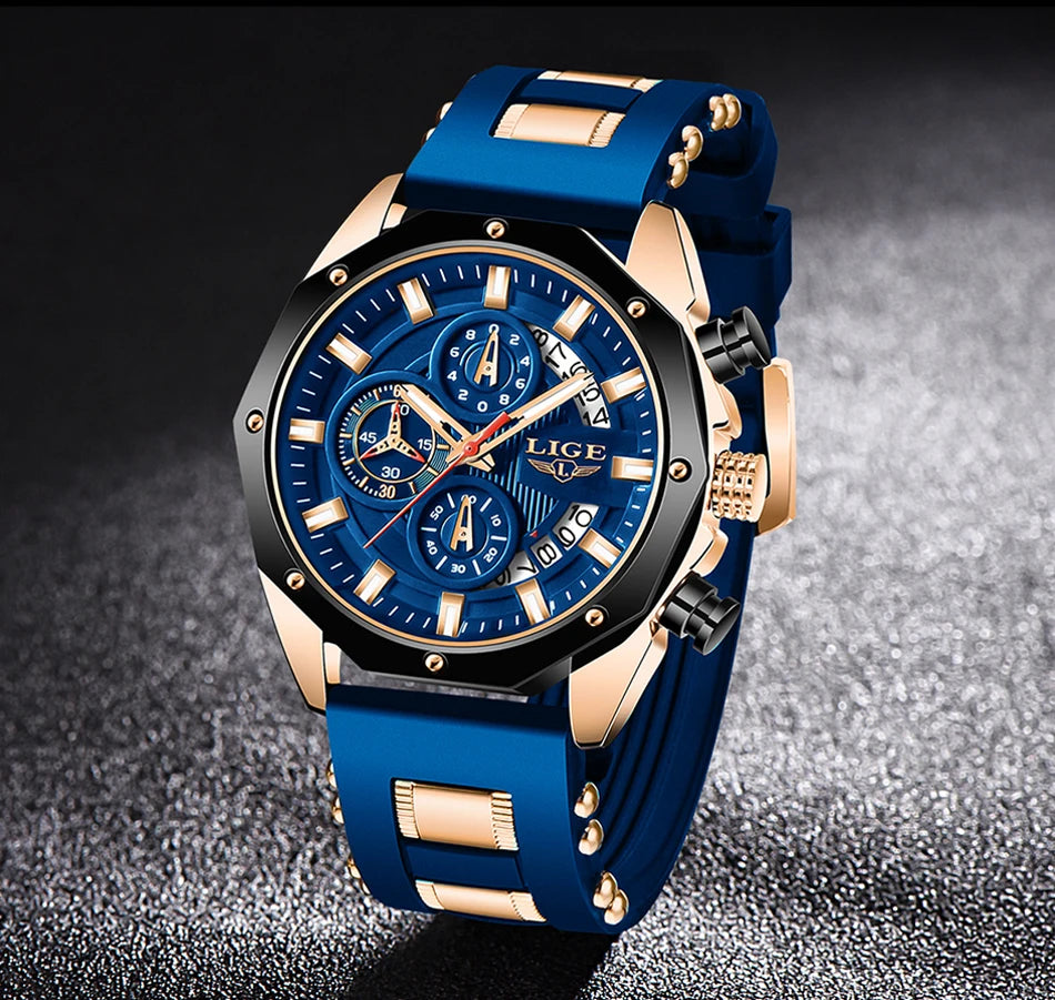 A blue and gold men's luxury quartz sport watch with a chronograph displayed on a dark surface.