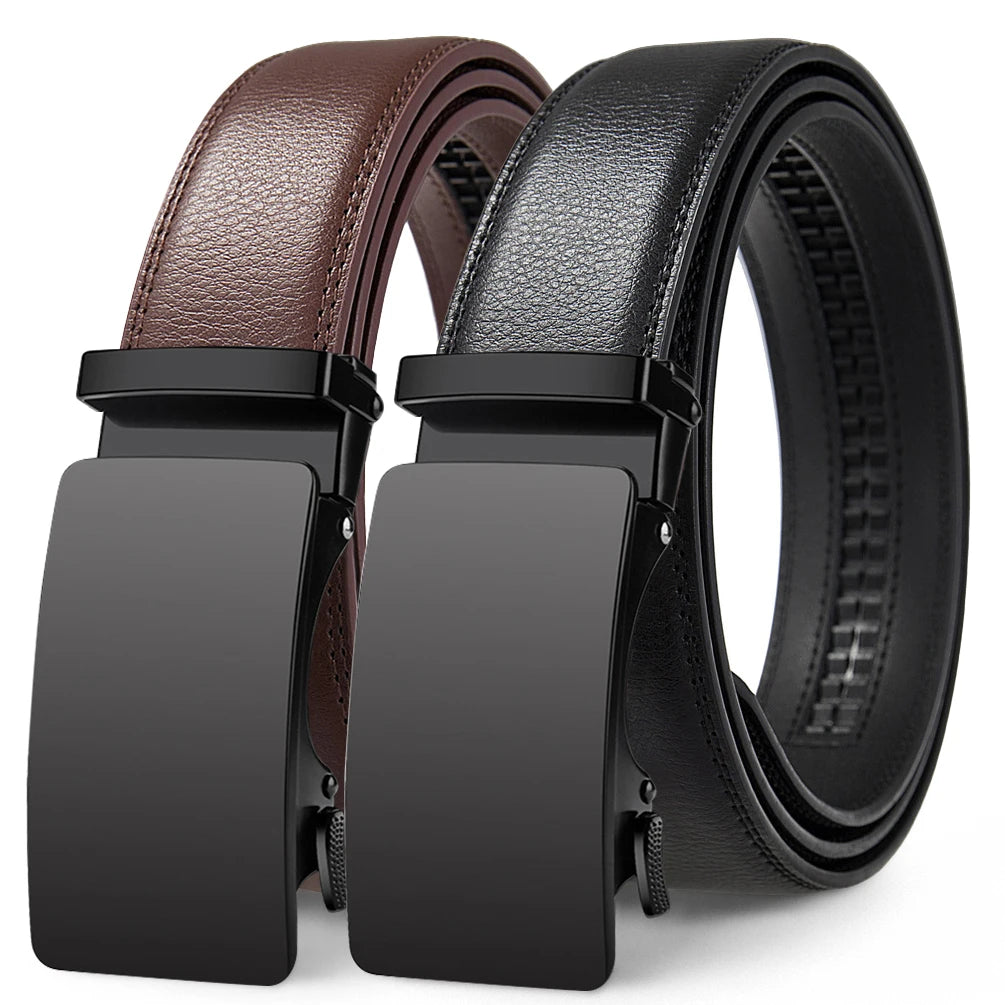 A pair of genuine leather buckled belts, one brown and one black, shown from the side.