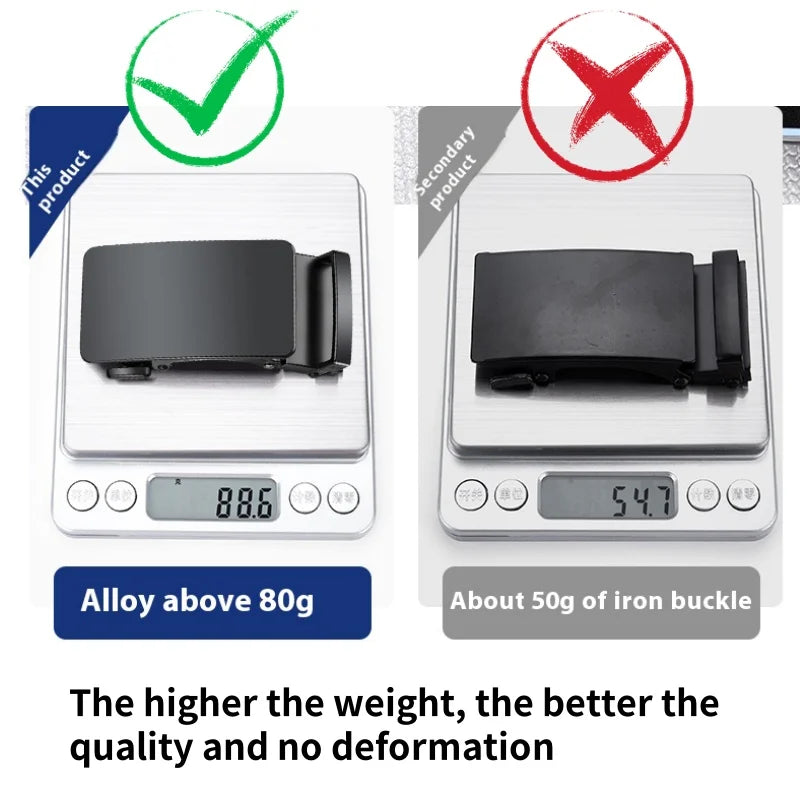 A black alloy iron buckle shown next to a digital scale, demonstrating its weight and quality.