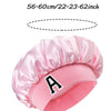 Pink satin hair cap with a letter A print, measuring 56-60cm/22-23.62inch.