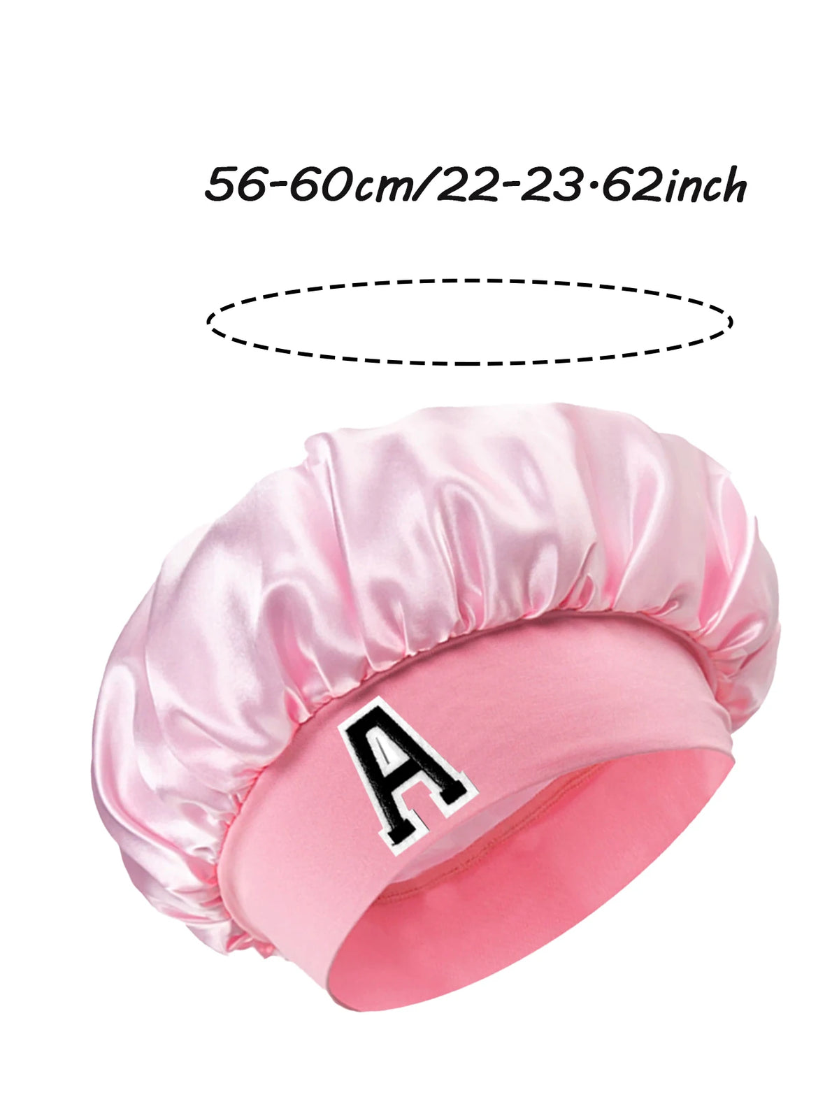 Pink satin hair cap with a letter A print, measuring 56-60cm/22-23.62inch.