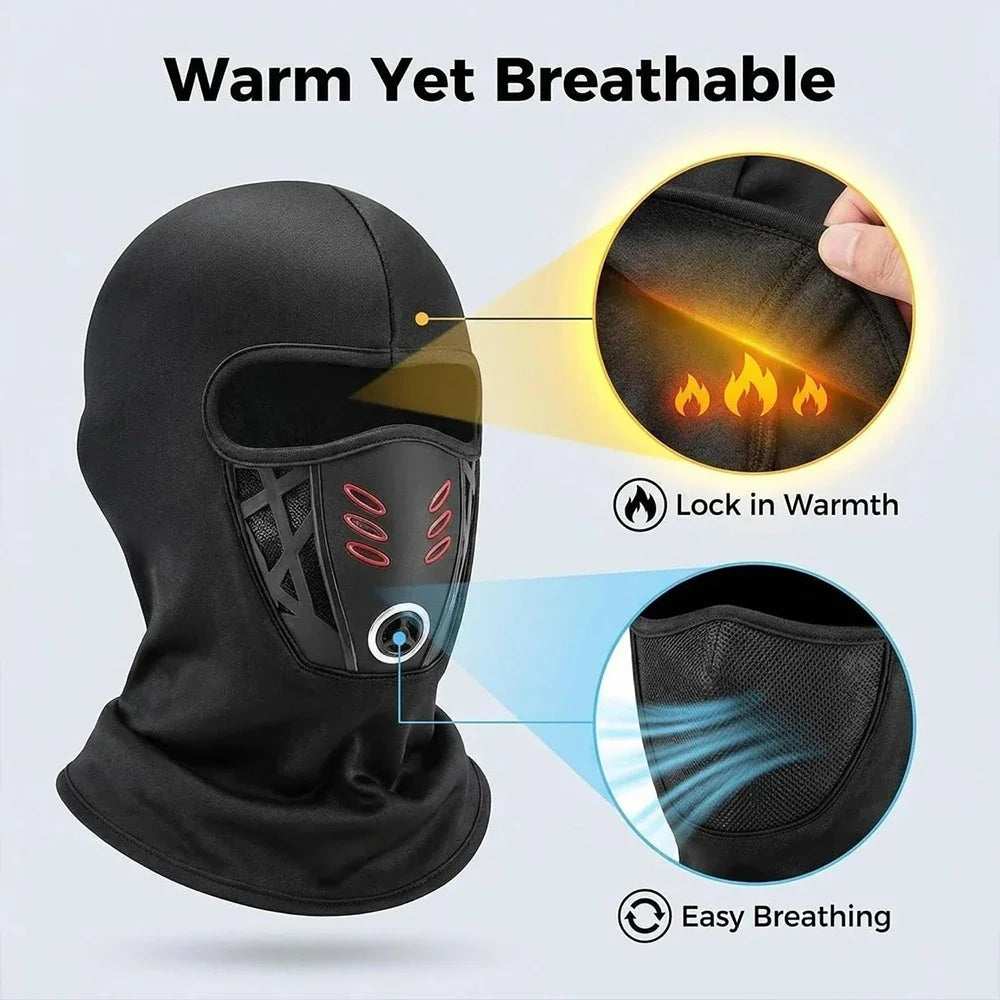 Black balaclava face mask showing features like warmth and breathability.